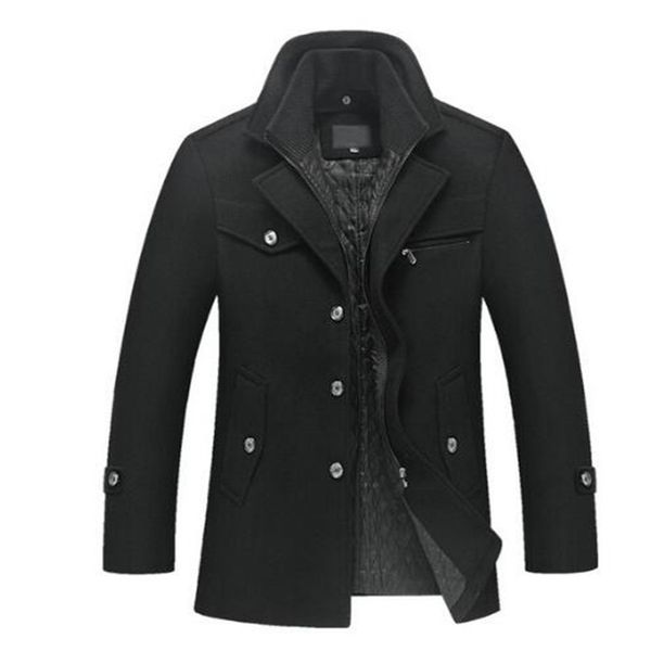 

new men's autumn and winter wool jacket removable quilted lining button wool blends pea coat thick padded jacket coat men, Black