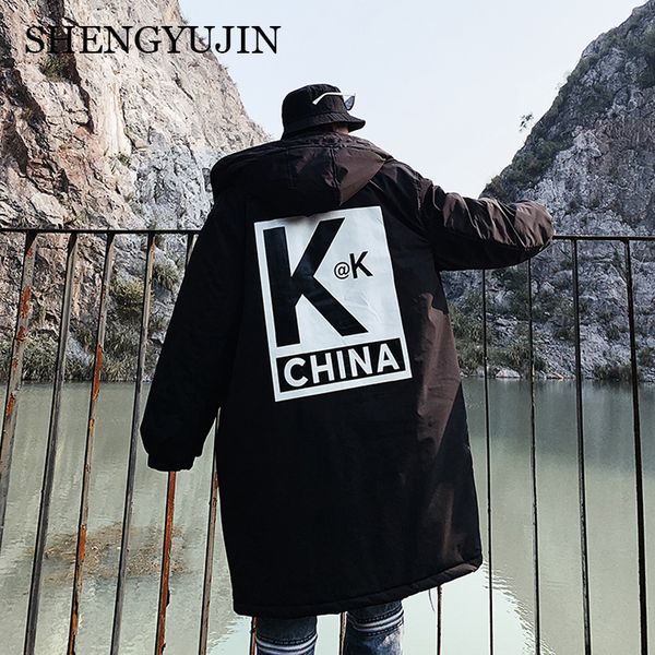 

m~5xl winter country tide ins wind personality letter printing men's long section hooded cotton coat li with the same paragraph, Black