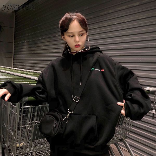 

hoodies women thicker warm funny cartoon soft print trendy pocket korean loose simple all match sweatshirt casual womens, Black