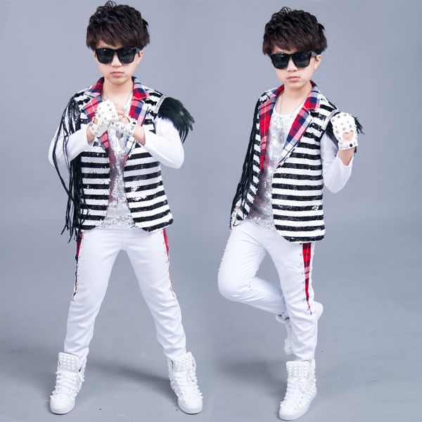 

children hip hop costumes sequin fringed jacket vest kids jazz clothing street dance performance wear modern stage outfit dn4976, Black;red