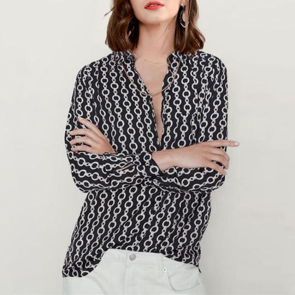 

qnpqyx new chain print blouse shirts 2020 women loose turn down collar blouse long sleeve casual shirts tunic hunt femme, White