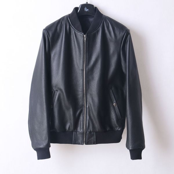 

2018 new mens genuine leather jakcets 4xl baseball jacket mens black overcoats stand collar slim outwear ing