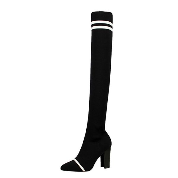 

women autumn winter over the knee boots fashion knitting stretch woolen sock boots high heel female thigh high boots, Black