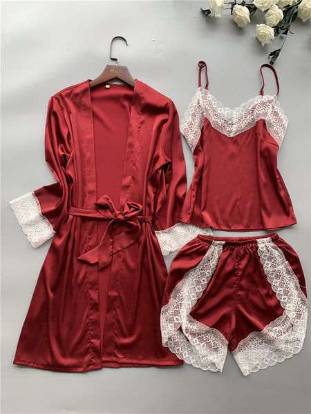 

womens 3pcs nightgown sets long sleeve contrast color womens sleepwear sets camisole shorts robe sets, Black;red