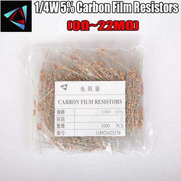 

1000pcs 1/4w 0.25w 5% carbon film resistor 0r ~ 10m 100r 220r 330r 1k 2.2k 3.3k 4.7k 10k 22k 47k 100k 0.47 100 220 330 680 ohm