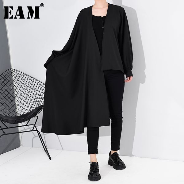 

eam] women black asymmetrical big size trench new v-collar long sleeve loose fit windbreaker fashion tide spring 2020 a556xl, Tan;black