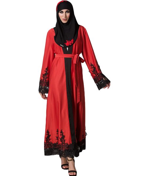 

women muslim cardigan spliced crochet lace hem long sleeve islamic abaya maxi dress outwear blue/red muslim female dress 2019, Black;gray