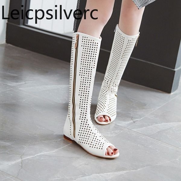 

women's boots summer the new fish mouth open toe zipper hollow thick heel low-heeled high tube women's shoes plus size 34-48, Black