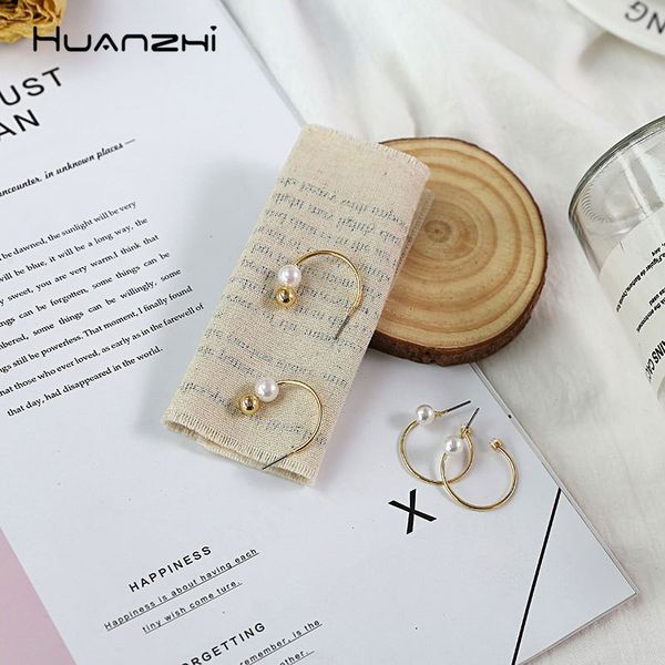 

huanzhi minimalist 2020 new design small c shape geometric imitation pearls alloy hoop earrings for women girls party jewelry, Golden;silver