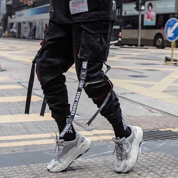 

letter ribbons casual hip hop joggers cargo pants for men block hit color pocket track pants male trousers sweatpants streetwear, Black