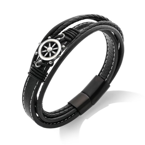 

md personalized titanium steel compass bracelet men's leather bracelet fashion multilayer hand-woven leather, White