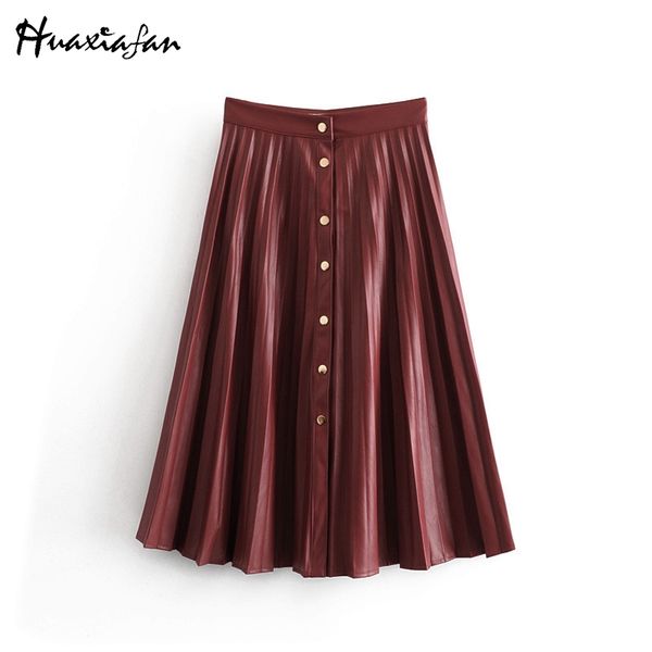 

huaxaifan women pu leather skirts pleated a line skirt solid button bottoms vintage female autumn casual midi skirts mujer, Black