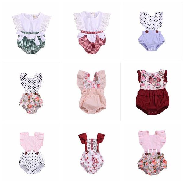 

baby girls clothes kids lace bowknot rompers summer patchwork plaid triangle jumpsuits newborn sleeveless onesies lovely outfits ypc616, Blue
