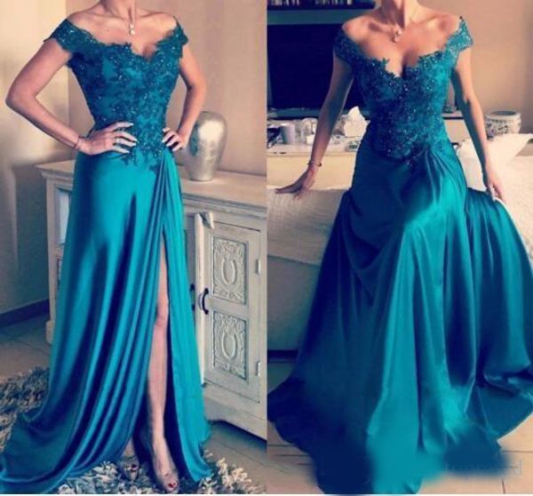 

2020 split prom dresses off shoulder appliques beaded formal party gowns floor length evening dresses plus size, Black