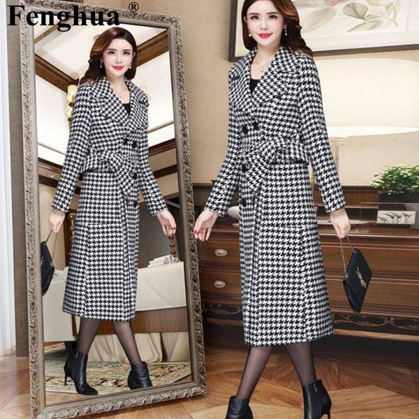 

fenghua winter korean overcoat women 2019 fashion vintage plaid coats women belt overcoat formal, Black