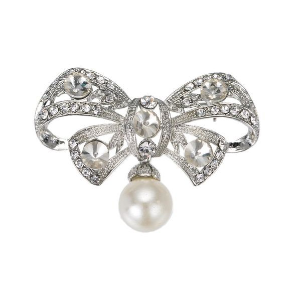

silver plated clear rhinestone crystal bow and pearl drop brooch 2", Gray