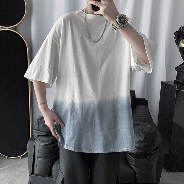 

t shirt harajuku fashion half short sleeves gradient color short sleeve men's summer loose teenagers half sleeve t shirt, White;black