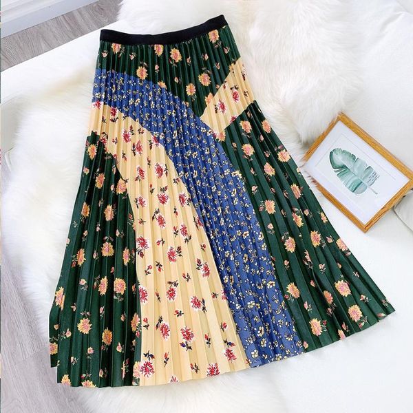 

qooth 2020 floral print long skirts womens printing maxi skirt pleated skirts patchwork summer boho casual ins new skirt qh2282, Black
