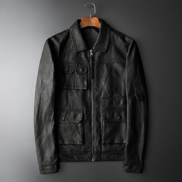 

2019 autumn new mens fashion motorcycle jackets turn-down collar casual leather jacket korean male multi-pocket zipper pu coat, Black