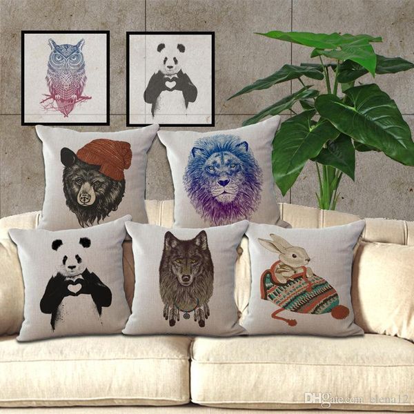 

45cm * 45cm hand painted color animal panda bear lion owl wolf cotton linen pillow case home kids room decorative pillowcase 240437
