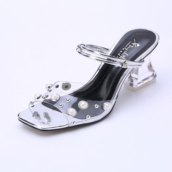 

summer women slides fashion square toe transparent pvc with pearl crystal heels sandales talon femme, Black