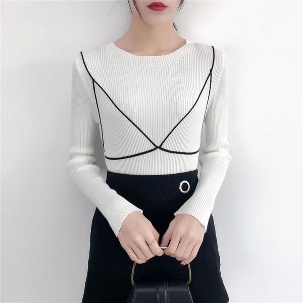 

autumn winter o-neck skinny full sleeve knitted sweater women patchwork knitting pullovers fashion female knitwear 2019, White;black