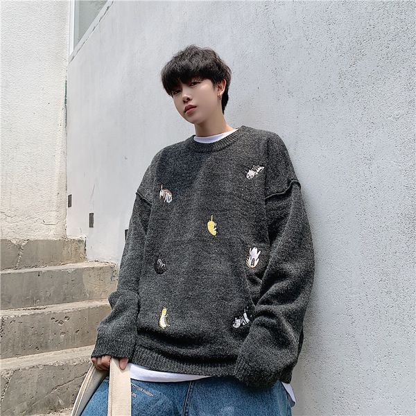 

2019 hong kong style wind head sweater trend autumn and winter new harajuku bottoming sweater coral red black blue -2xl, White;black