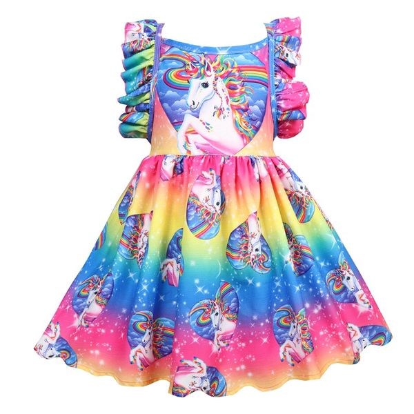 

2019 girls unicorn backless dress new summer kids back bandage angel wings sleeve suspender vest dresses princess children boutique clothes, Red;yellow