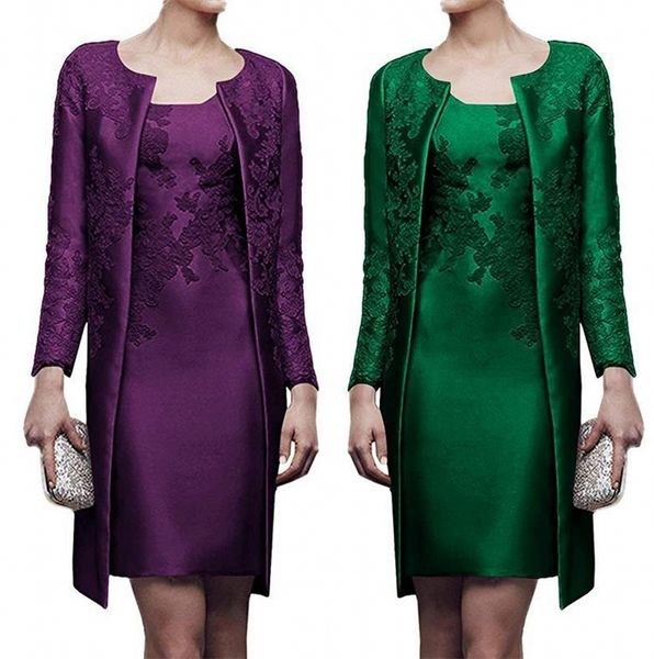 

dark green knee length short mother of the bride dress with jacket coat long sleeve lace satin mother of groom suit wedding party gowns, Black;red
