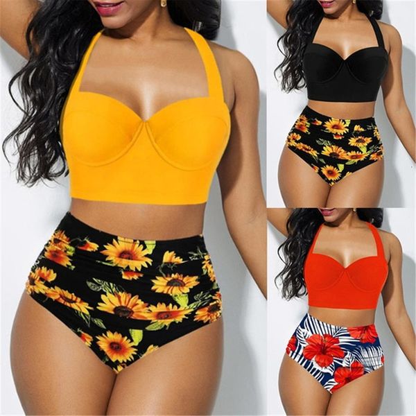 

women sunflower print swimsuit high waist lace up bikini two piece swimwear summer beach halter bikini set bra short 2020, White;black