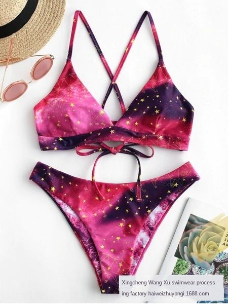 

2020 swimwear sling bikini sling hanging neck printed bikini bikin split swimwear female, White;black