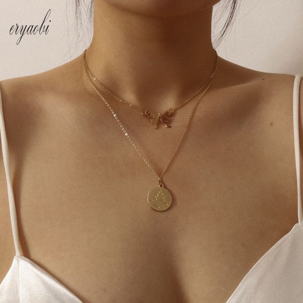 

simple vintage butterfly pendant hollow portrait layered necklace women's chains neck decoration aesthetic egirl party jewelry, Silver