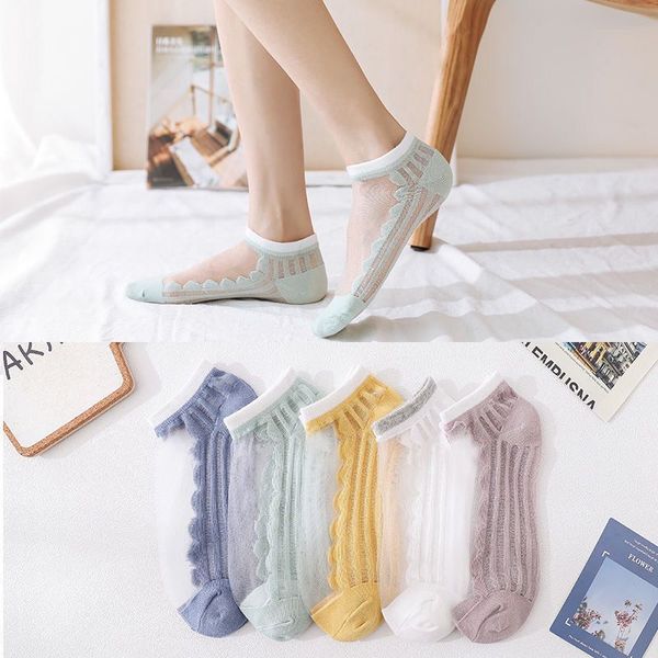 

5pairs women dress socks transparent ankle socks sweet candy color girls silk fashion stretch calcetines mujer, Black;white