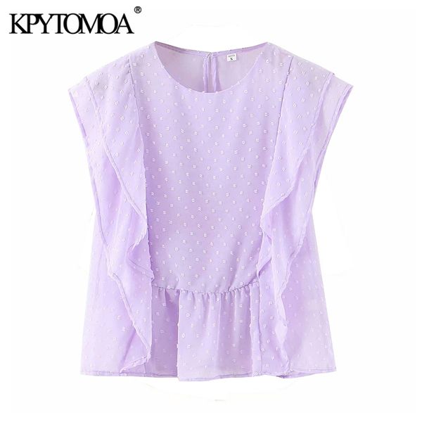

kpytomoa women 2020 fashion ruffled dot chiffon blouses vintage o neck sleeveless female shirts blusas chic, White