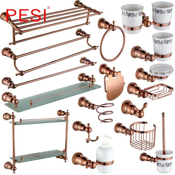 

bathroom accessories hardware set robe coat hook towel rail rack bar shelf toilet paper tissue toothbrush holder, rose gold