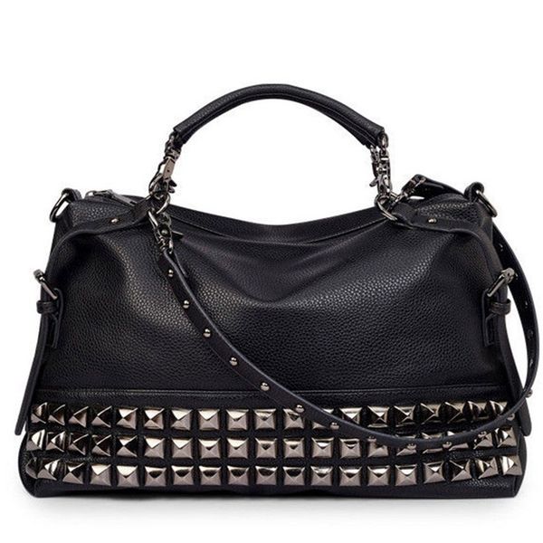 

women modern punk pu leather cross body rivet handle shoulder bags hobo tote satchel handbags for lady(black