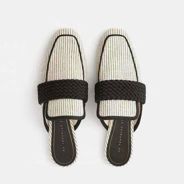

early spring stitching muller shoes women flat lazy baotou slippers female half drag comfortable slip-on sandals flat shoes, Black
