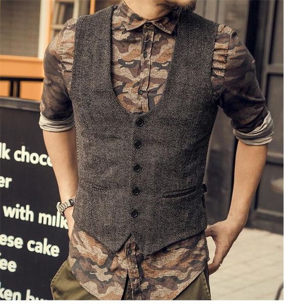 

2019 brown men's casual herringbone pattern suit vest wool/tweed suit vest slim fit u-neck waistcoat groomsmen for wedding, Black;white