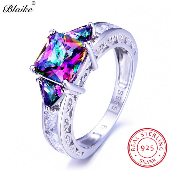 

blaike 100% real 925 sterling silver mystic fire z rings for women men square rainbow zircon ring birthstone jewelry gifts, Golden;silver