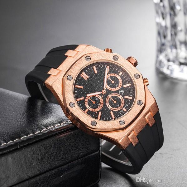 

wholesale price mens sport wrist watch 45mm quartz movement male time clock watch with rubber band offshore, Slivery;brown