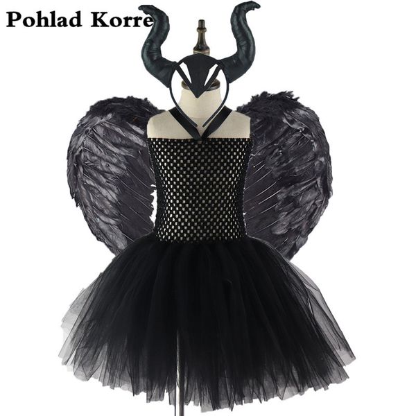 

3 шт maleficent злого королева девушка пачка платье с рогами пера хэллоуин ведьма костюмом для девочки детей партии платья одежда xx0 y20010, Red;yellow