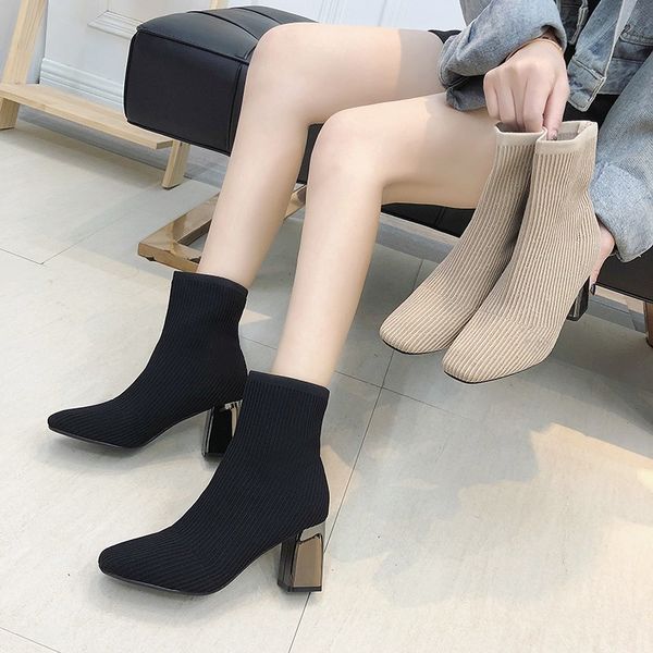 

shoe woman 2019 new shoe winter martin boots women's square head slim boots knitted elastic socks boots high-heeled shoes, Black