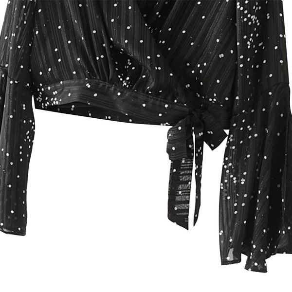 

women's v-neck polka dot black flare sleeve 3.04, White