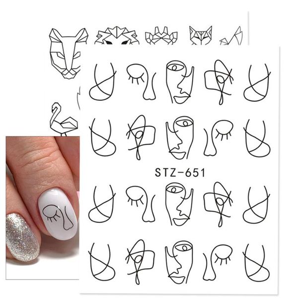 

1pcs black nail decals water nail stickers abstract face animals design art slider wraps decorations sticker nfstz651-653