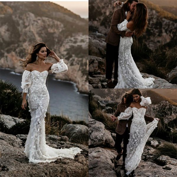 

2020 mermaid wedding dresses with detachable sleeves sweetheart appliqued lace bridal gown sweep train custom made vestidos de novia, White
