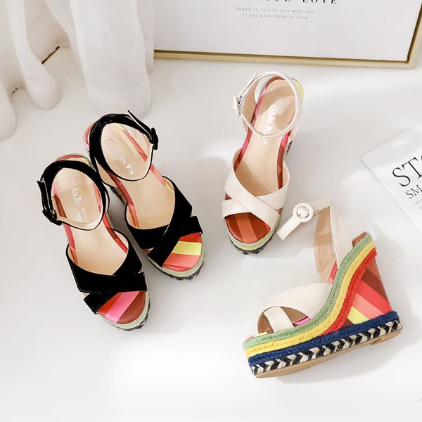 

rainbow strappy sandals wedges shoes for women, Black