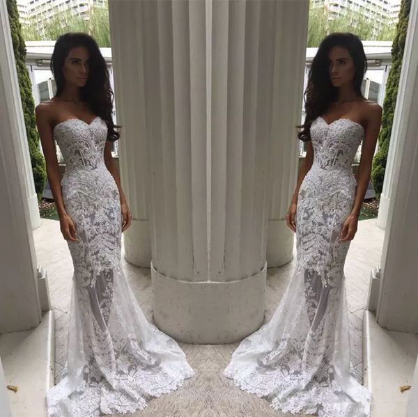 

sweetheart lace appliques slim mermaid wedding dresses 2020 lace up back bridal gowns formal customized long vestidos de marriage spring, White