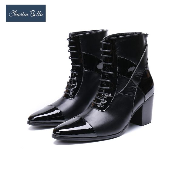 

christia bella new high heel stitching formal business men's booties personality trendy lace up wedding party dress boots, Black
