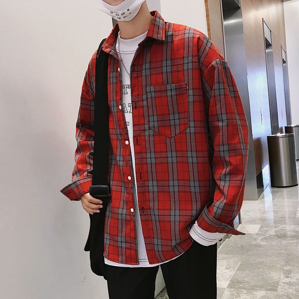 

2019 autumn new hong style men's cotton long-sleeved youth fashion trend streetwear plaid shirt blue yellow xl, White;black