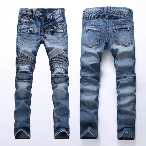 

2020 men straight zipper decoration light fold cultivate one's morality locomotive splicing cowboy pants jeans youth fashion, Blue